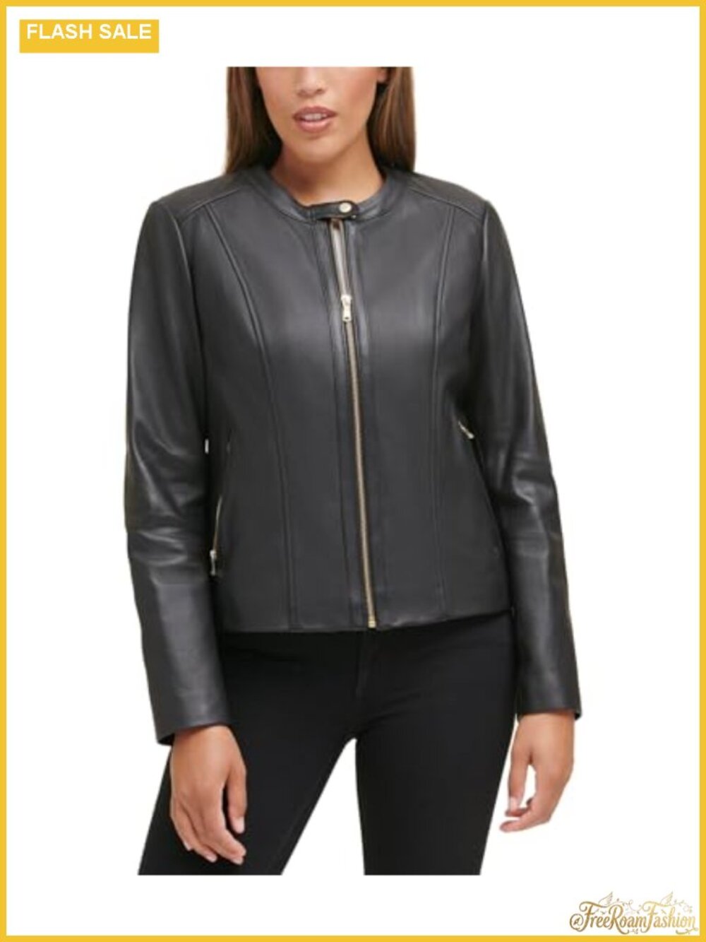 Leather Coat Zip Front Fully Lined Long Sleeve Peacoat Band Collar